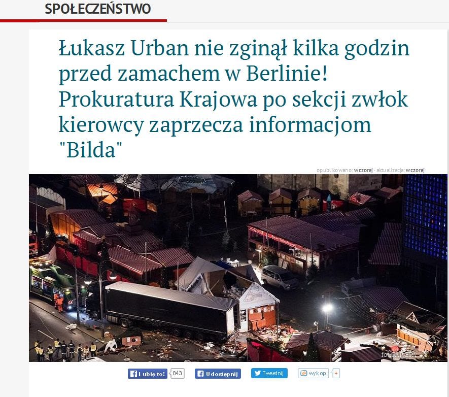 Polska Prokuratura Krajowa po sekcji zwłok polskiego kierowcy, który zginął podczas ataku terrorysty, zaprzecza informacjom niemieckiego „Bilda”.