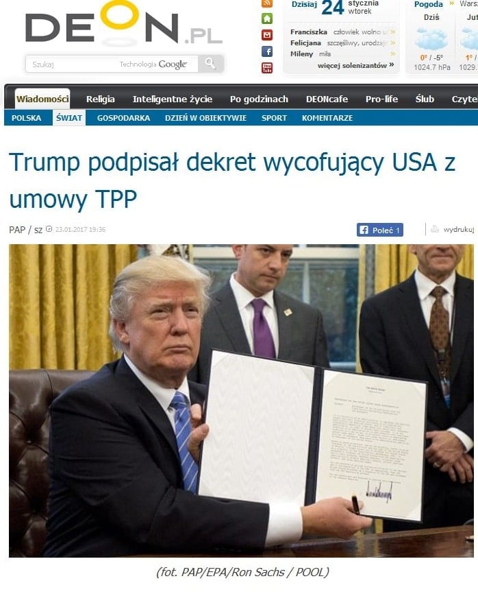 Trump wypowiedział partnerstwo transpacyficzne TTP