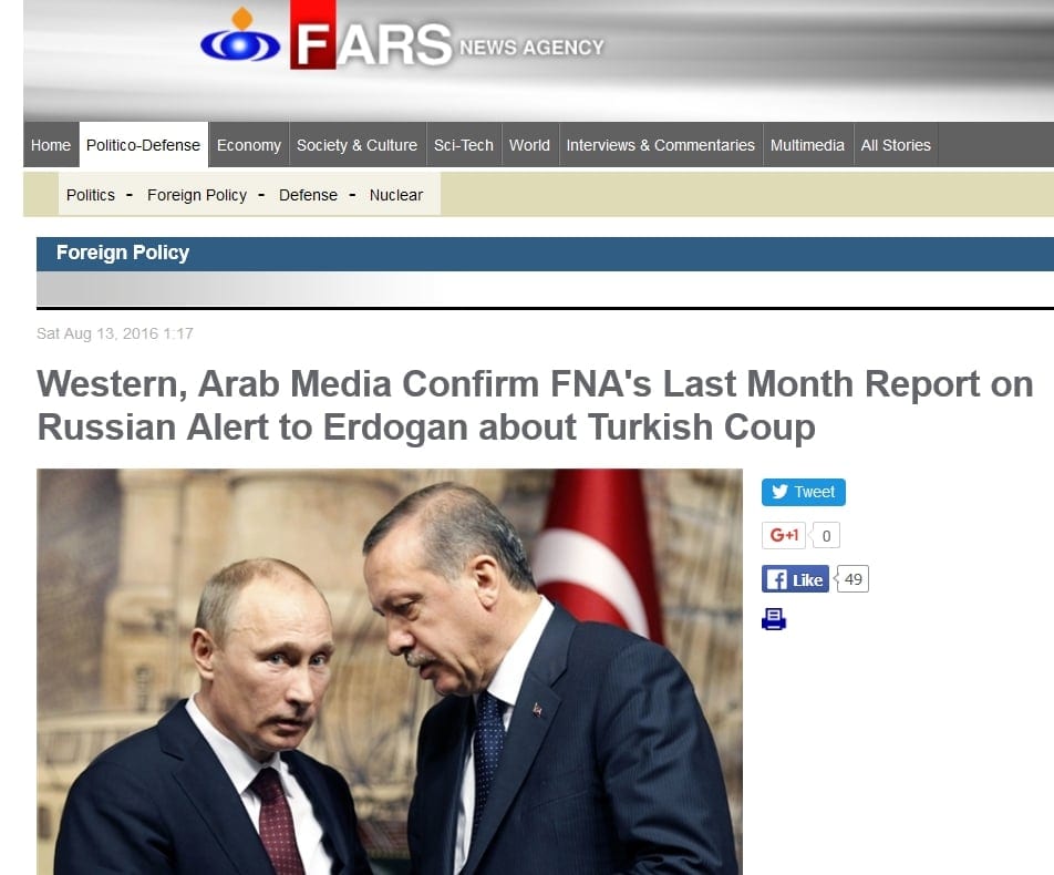 Zachodnie i arabskie media potwierdzają, że Rosja ostrzegła Erdogana przed puczem