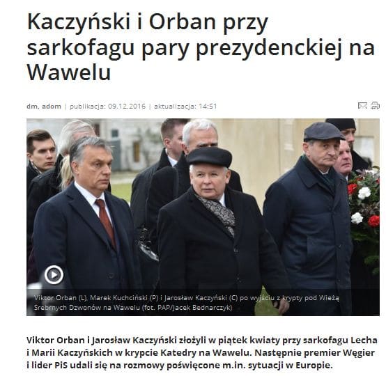 Viktor Orban i Jarosław Kaczyński złożyli kwiaty przy sarkofagu Lecha i Marii Kaczyńskich w krypcie Katedry na Wawelu. Następnie premier Węgier i lider PiS udali się na rozmowy poświęcone m.in. sytuacji w Europie.