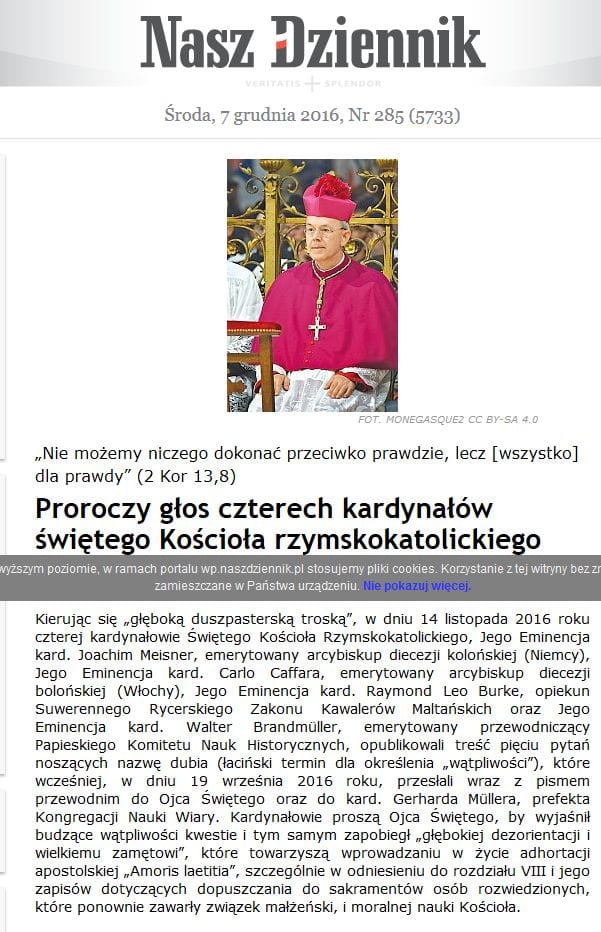„Nasz Dziennik” o ataku na kardynałów kwestionujących zdanie papieża