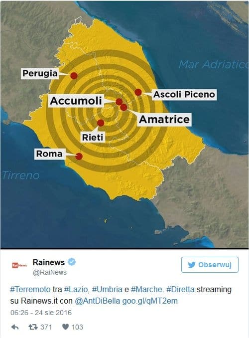 Silne trzęsienie ziemi dotknęło dzisiejszej nocy centralne Włochy