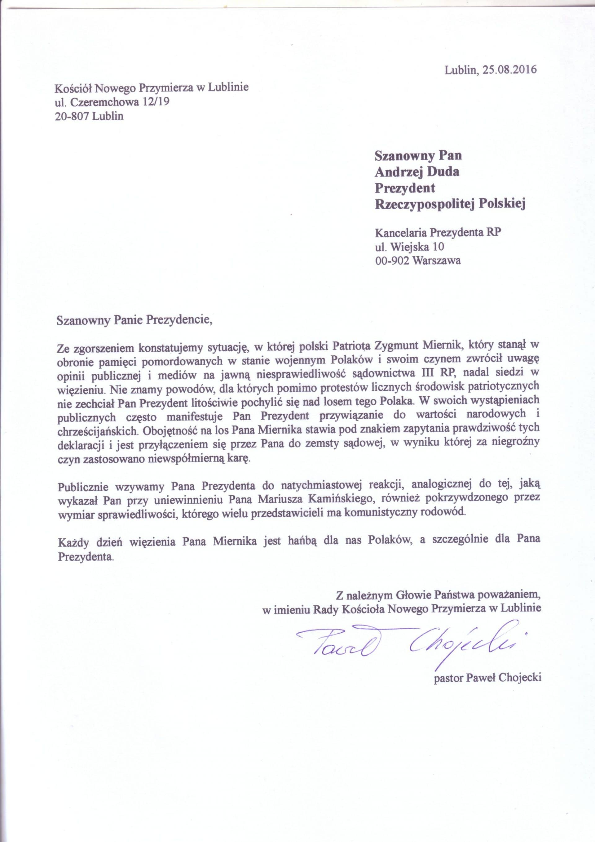 List KNP do Prezydenta RP w sprawie Z. Miernika