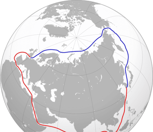 Mapa - Morska droga północna i południowa z Chin do Europy