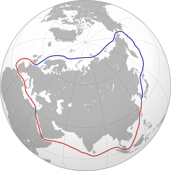 Mapa - Morska droga północna i południowa z Chin do Europy